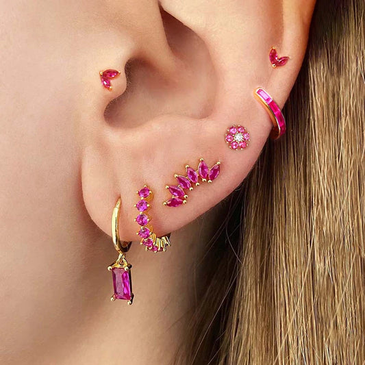 Zircon Small Hoop Earrings  Rose Red Ear Stud Earrings  Piercing Jewelry