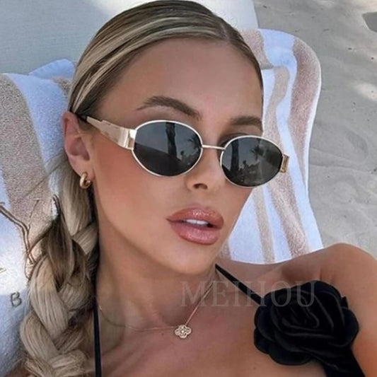 Trendy Oval Sunglasses  Brand Designer Metal  Vintage Round Shades Unisex